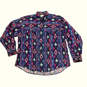 Vintage Moe Bandy Western Button Down Shirt Colorful Geometric Aztec Size Large
